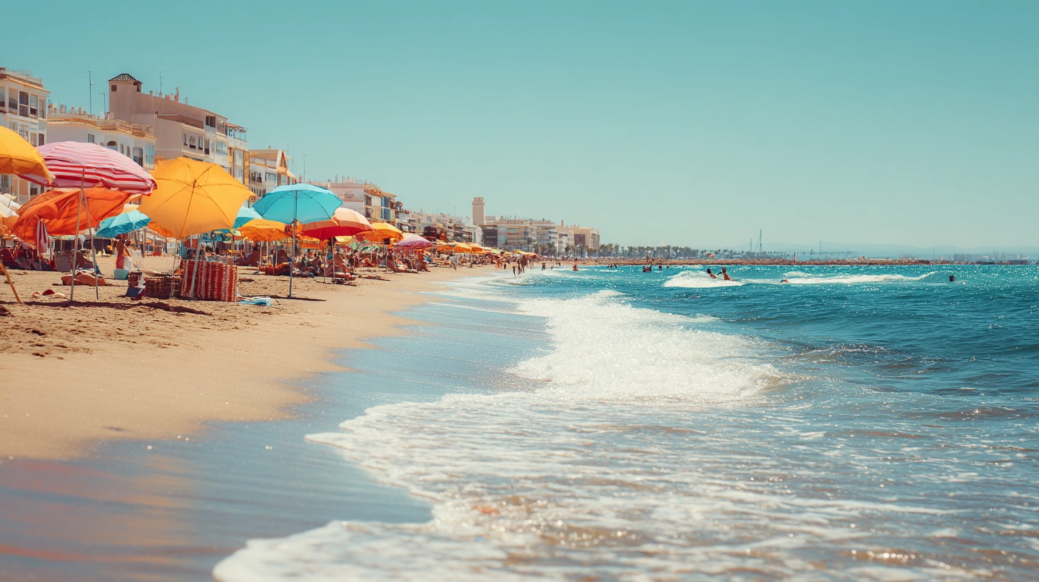 Strand i Spanien med turkost vatten och solande turister, populärt resmål för billigaste resorna.