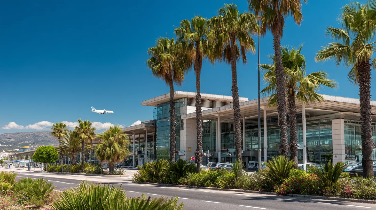 Vy över Málaga-Costa del Sol Airport med flygplan som lyfter