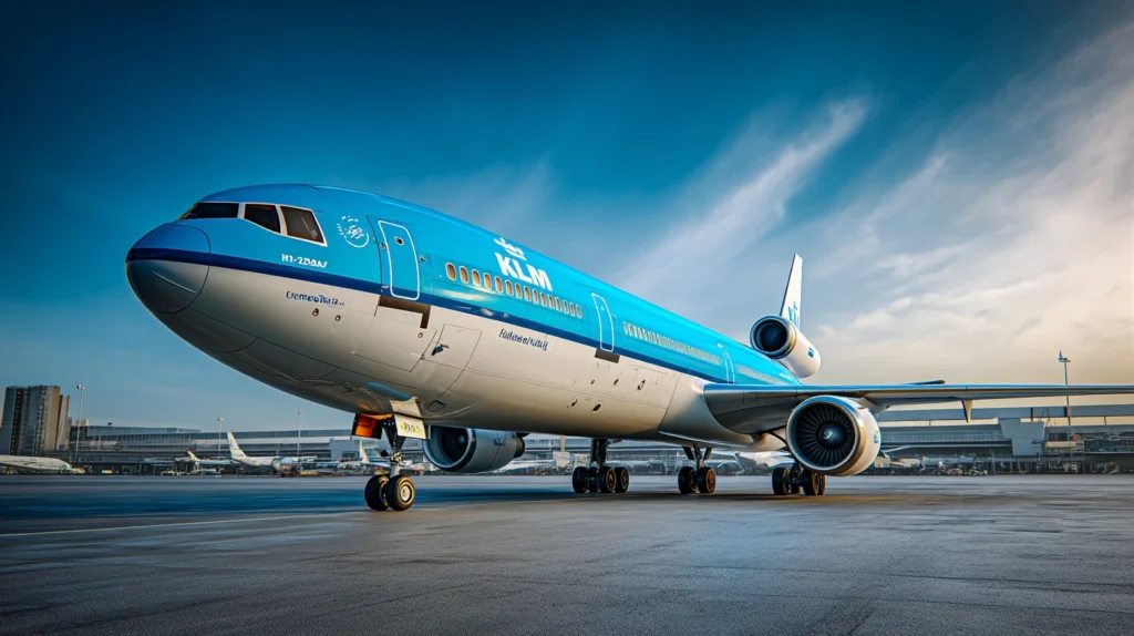KLM flygplan på Schiphol flygplats i Amsterdam, redo för avgång.