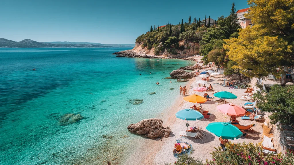 Solig strand i Kroatien med klart vatten och parasoller.