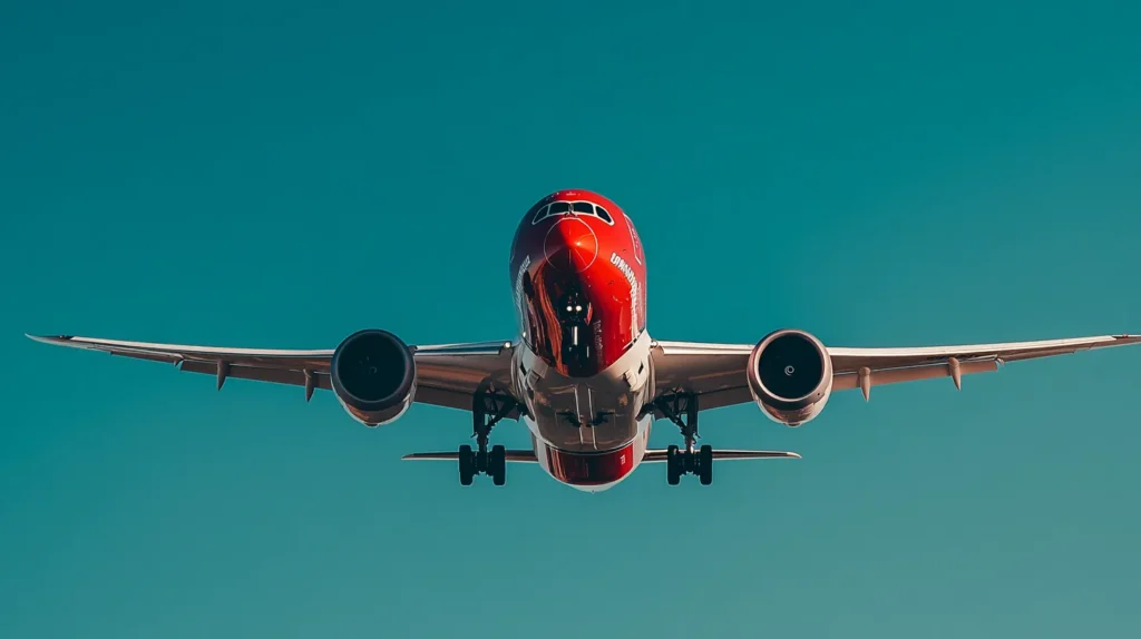 Norwegian flygplan med röd nos som lyfter mot blå himmel