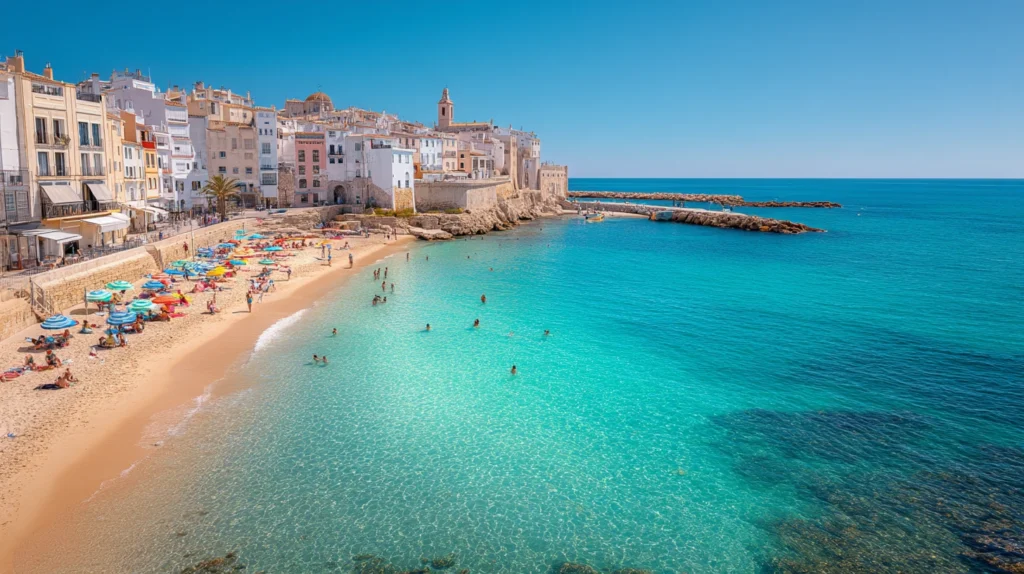 Solig strand i Spanien med turkost vatten och parasoller, perfekt start på en resa Spanien 2025.