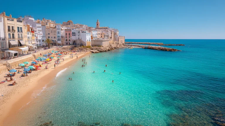 Solig strand i Spanien med turkost vatten och parasoller, perfekt start på en resa Spanien 2025.