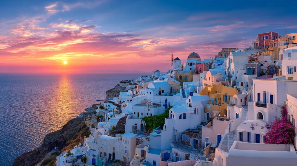 Santorini i Grekland med vita hus och blå kupoler i solnedgång