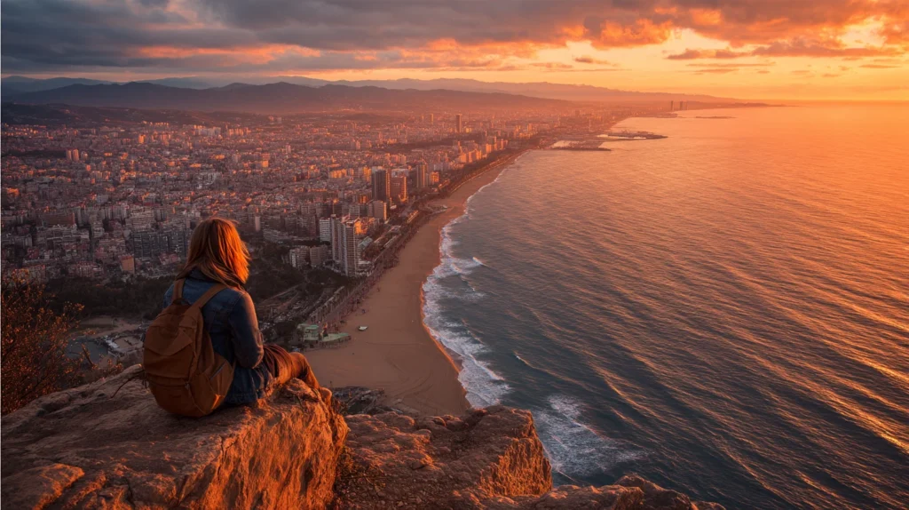 ResenÀr ser solnedgÄng över Barcelonas kust frÄn utsiktsplats.