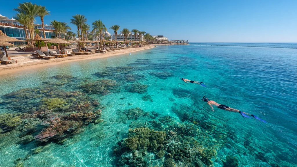 Strand i Hurghada med palmer, solsängar och snorkling.
