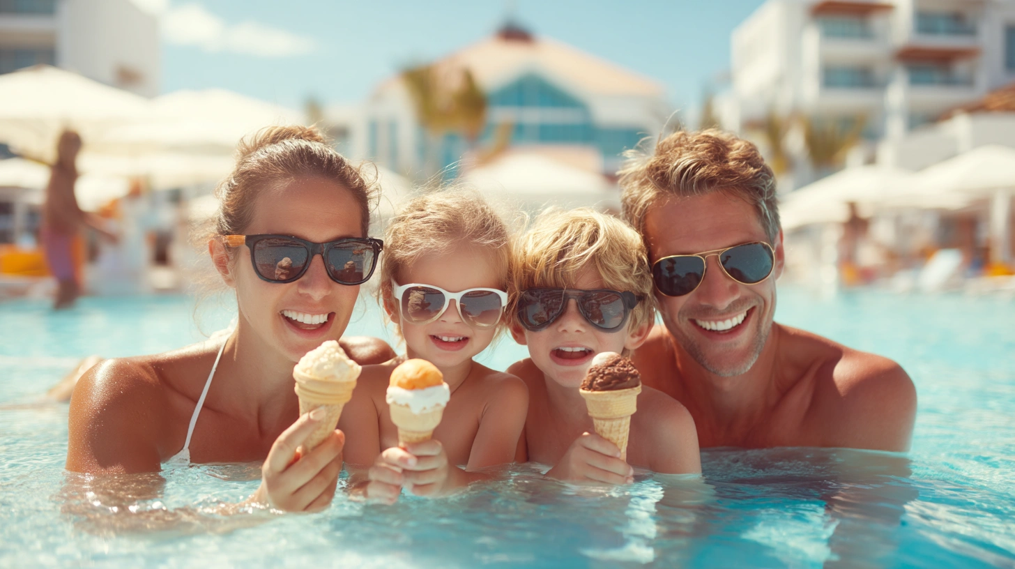 Familj vid poolen på ett all inclusive-hotell, ett populärt alternativ för billigaste resorna.