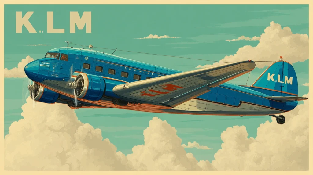 Historisk bild på ett klassiskt KLM-flygplan i retrostil.