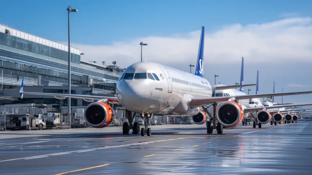 SAS-flotta parkerad vid terminal
