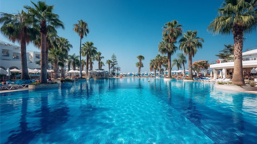 All inclusive-hotell med stort poolområde och solstolar.
