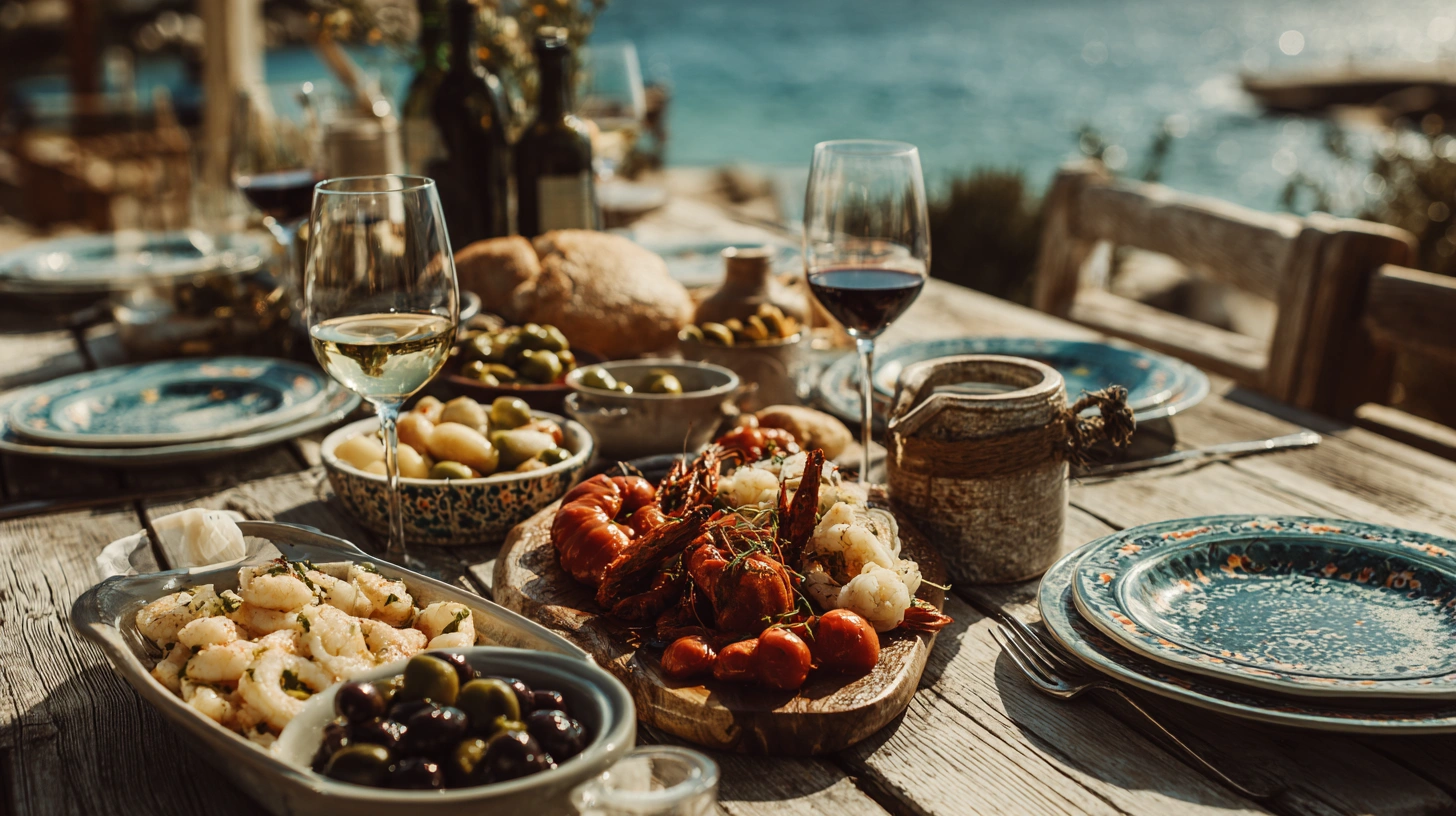 Bord med tapas, oliver, vin och medelhavsmat, typiskt för billigaste resorna.