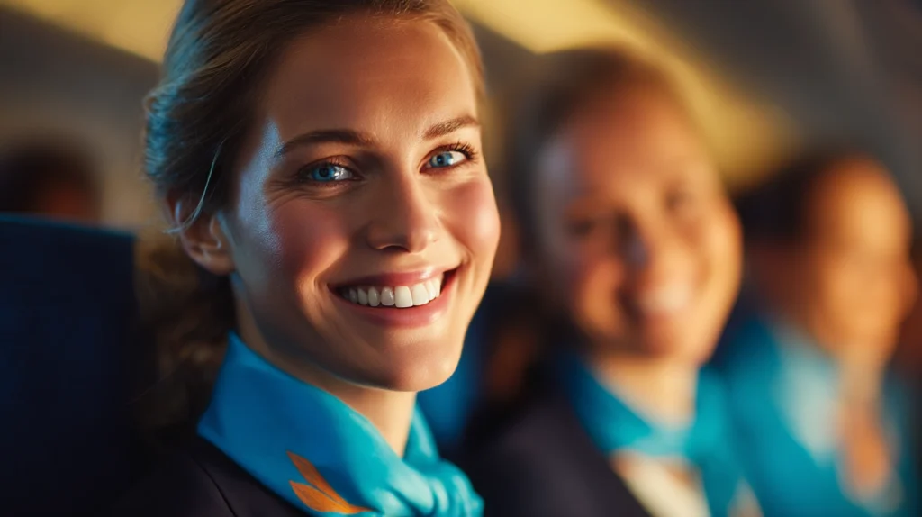 KLM kabinpersonal som välkomnar passagerare ombord.
