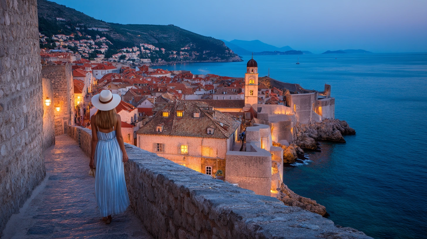 Resenär som promenerar på stadsmuren i Dubrovnik vid solnedgång, en unik upplevelse på billigaste resorna.