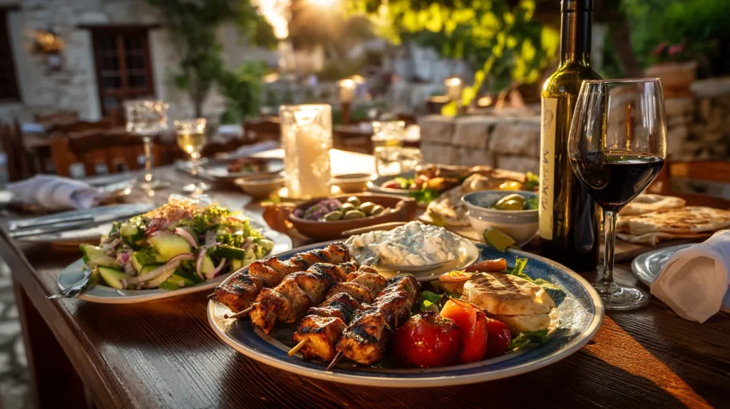 Grekisk taverna med traditionella rätter och lokalt vin.