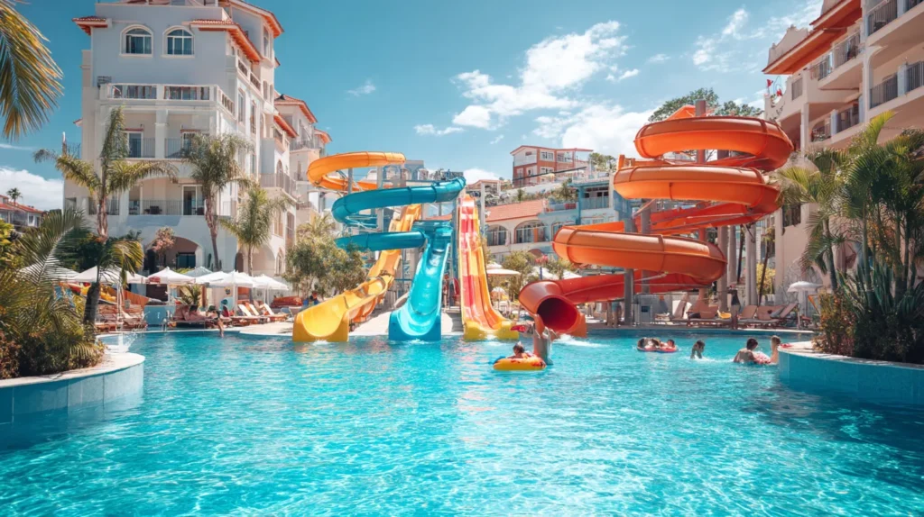 Barnfamilj som njuter av vattenrutschkanor och pool på ett all inclusive-hotell.
