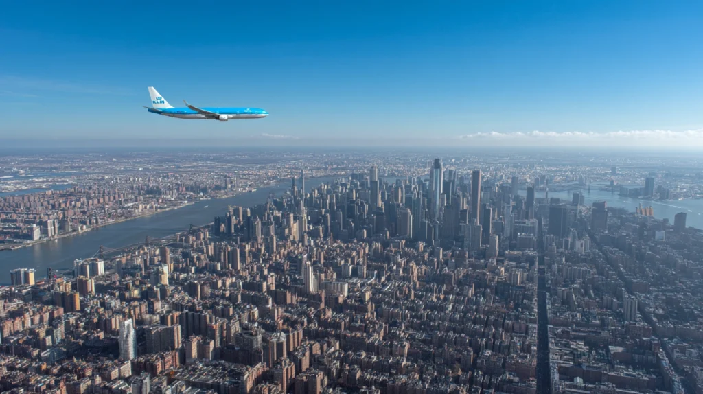 KLM-plan flyger över Manhattan, New York.