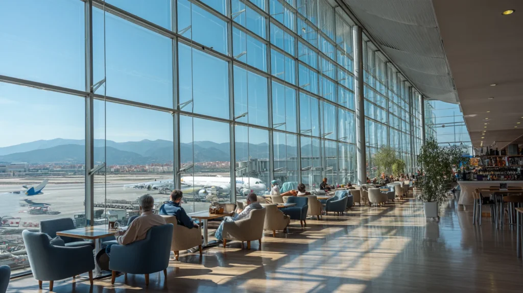 Lounge med utsikt över startbanan på Malaga flygplats