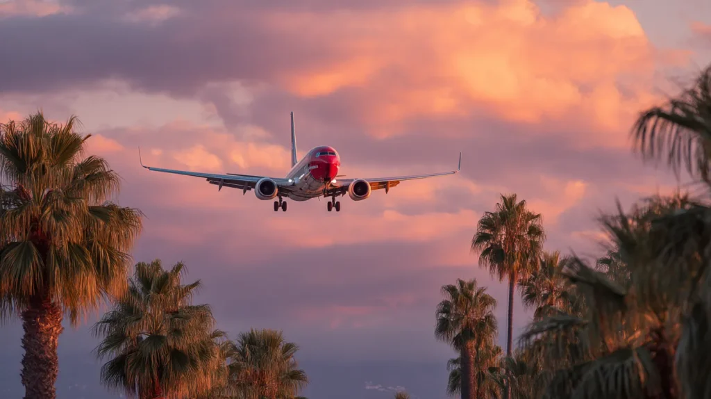 Norwegian-plan landar i Malaga med palmer i bakgrunden