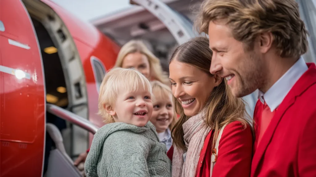 Familj med barn går ombord på Norwegian-plan