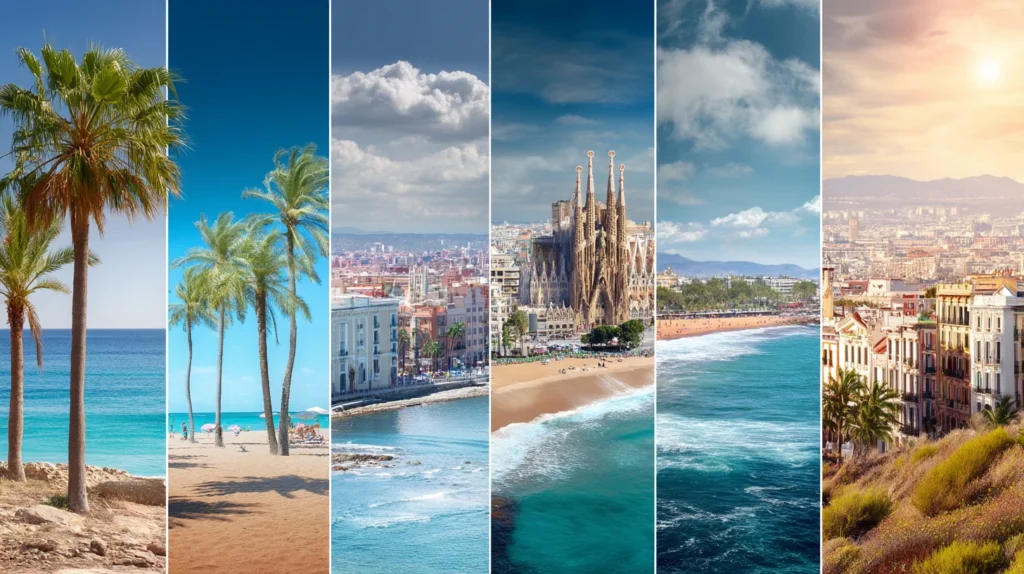 Collage av Mallorca, Barcelona, Madrid och Kanarieöarna â de mest populĂ€ra resmĂ„len i Spanien.