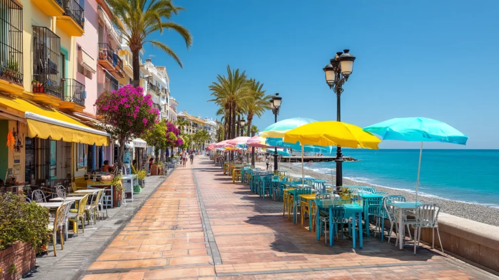 Strandpromenad på Costa del Sol i Spanien med parasoller och turister.

