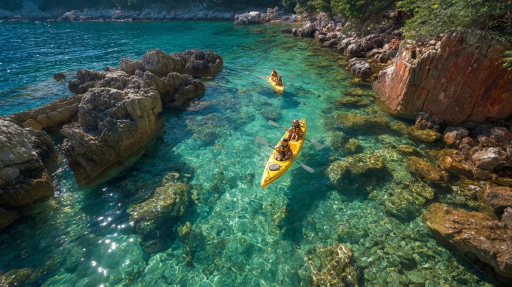 Turister paddlar kajak längs Kroatiens kust.