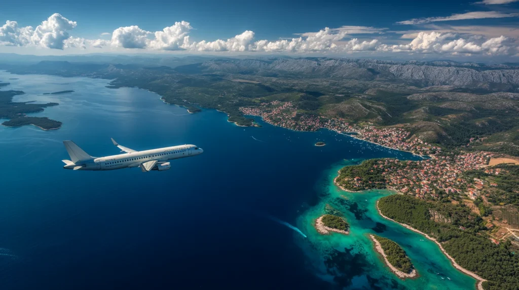 Flygplan ovanför Adriatiska havet med utsikt över Kroatiens kust.
