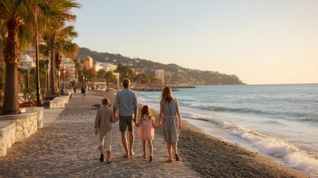 Svensk familj promenerar lÀngs strandpromenad i Målaga under solnedgÄngen.