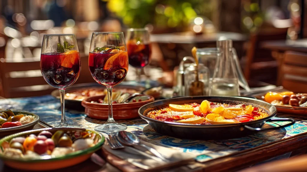Tapas, paella och sangria pÄ solig uteservering i Spanien.