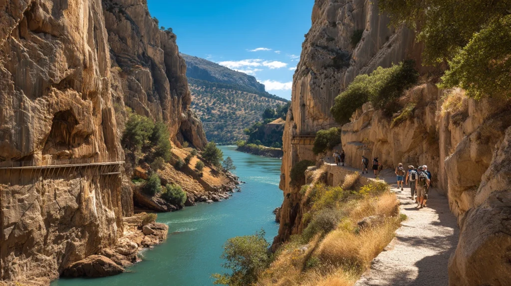 Vandrare pÄ Caminito del Rey i Andalusien med dramatiska klippor.