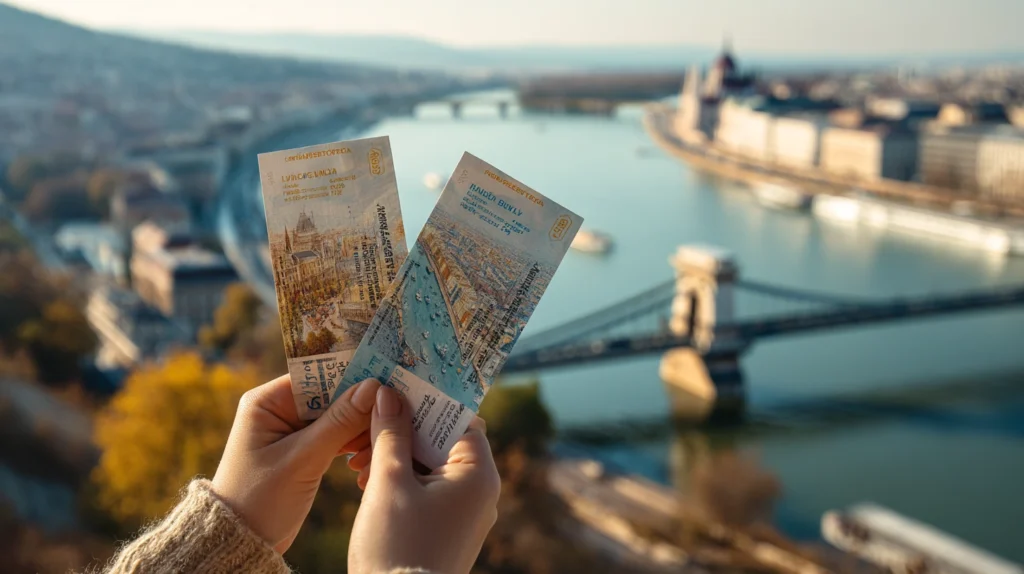 Resenär med flygbiljetter i handen framför Budapest skyline