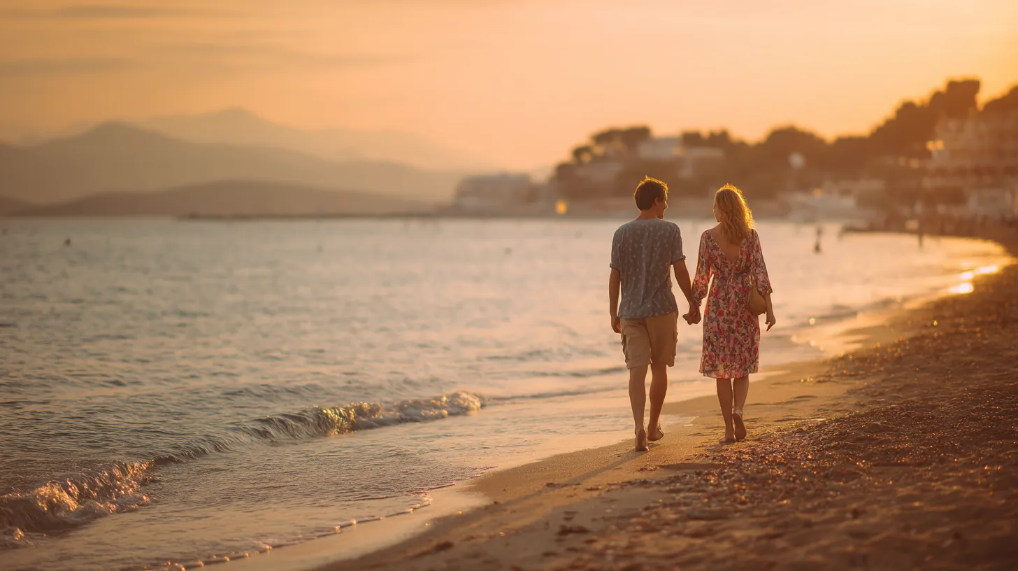 Par som promenerar längs en solnedgångsstrand på en billig resa för två