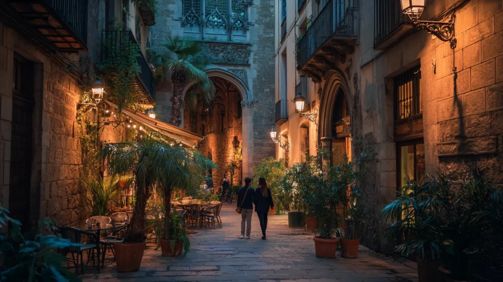 Par som promenerar i Barcelonas historiska kvarter