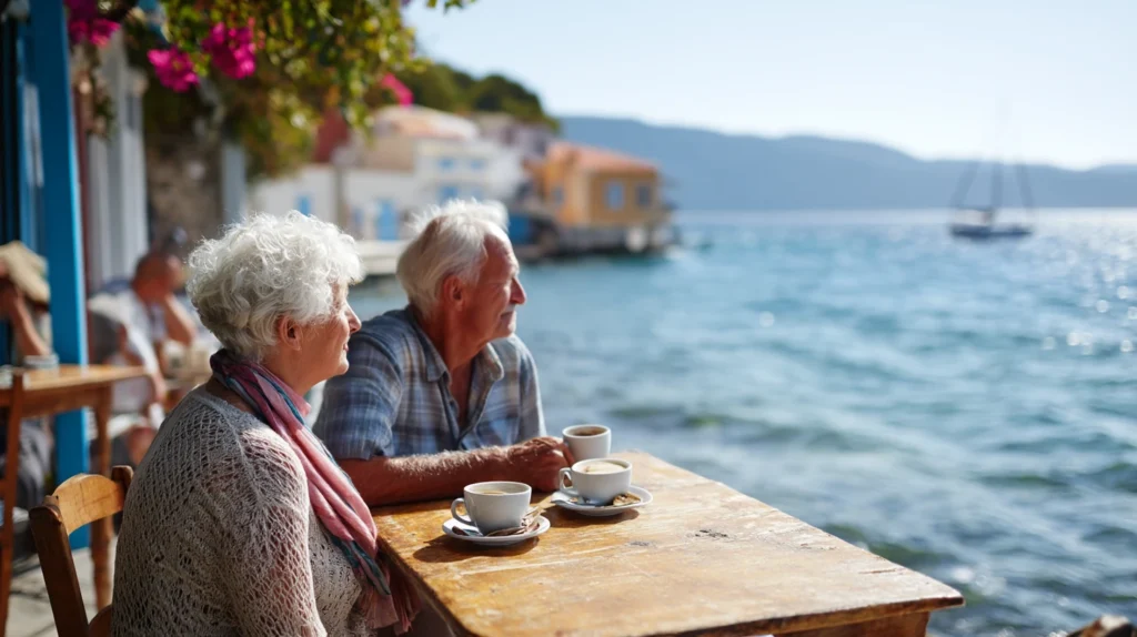 Pensionärer som njuter av billig utlandsresa vid havet
