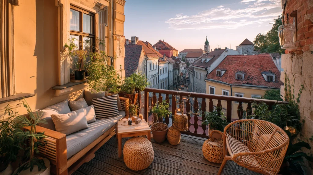 Mysig europeisk lägenhet med balkong och utsikt över stadens tak