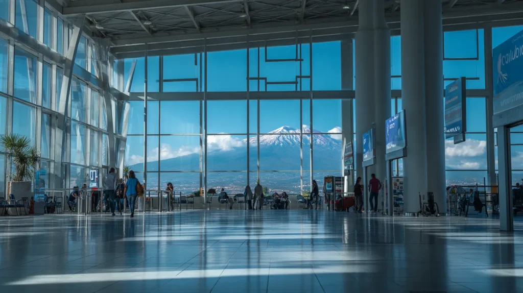 Terminalmiljö på Catania flygplats med resenärer och Etna i bakgrunden
