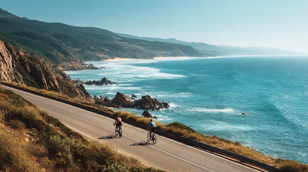 Två vänner cyklar längs Portugals kustväg med havsutsikt