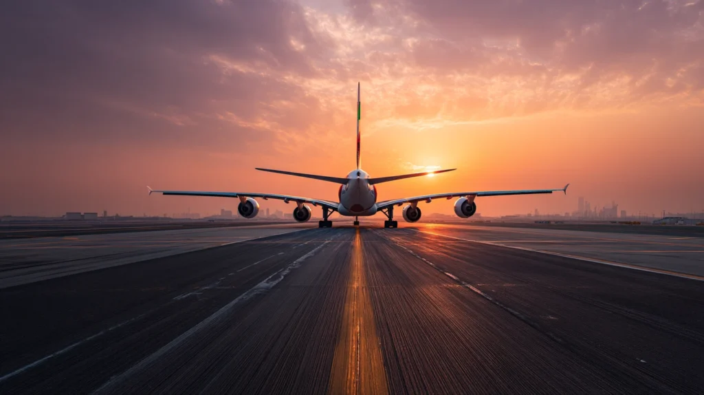Emirates-flygplan i solnedgång på landningsbana – resa utomlands billigt