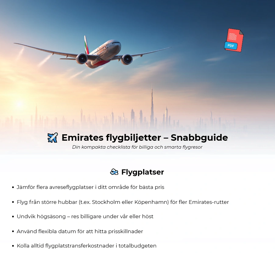 Emirates flygbiljetter snabbguide i PDF med checklistor för billiga och smarta resor