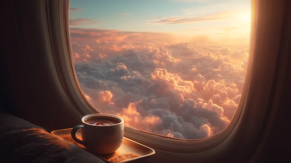 Vy från Emirates flygplansfönster med solnedgång och kaffe, Emirates flygbiljetter