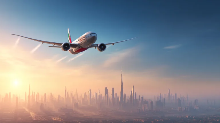 Hero-bild på Emirates-flygplan som lyfter över Dubai skyline, Emirates flygbiljetter