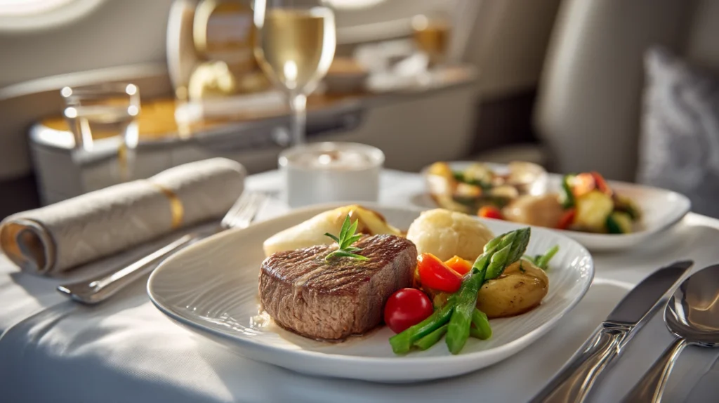 Elegant serverad måltid på Emirates Business Class