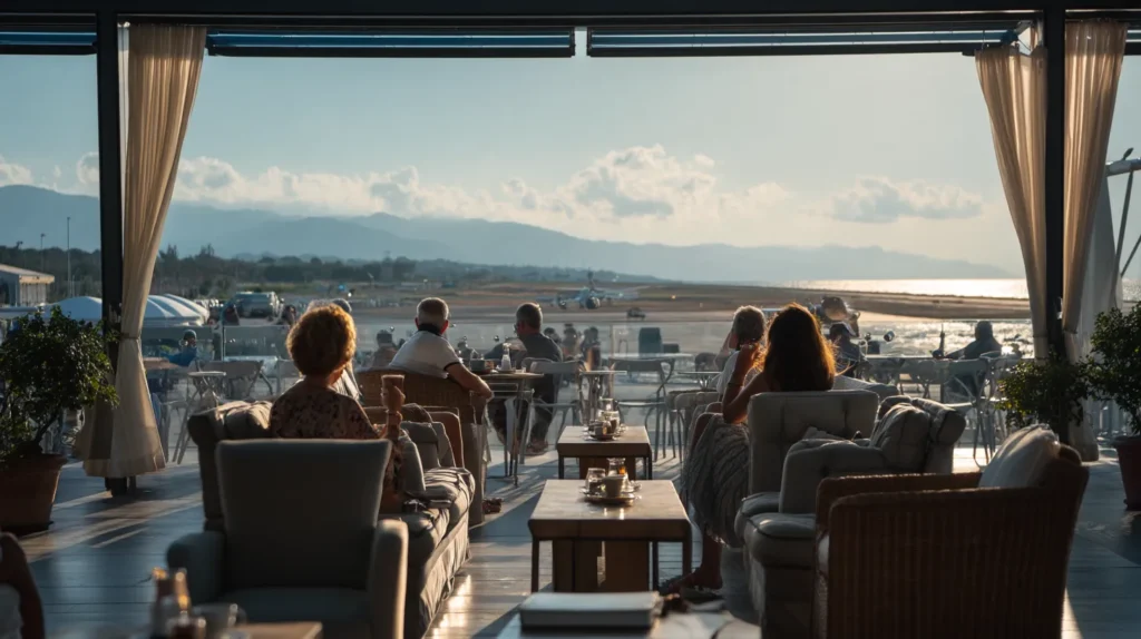 Caféterrass på flygplats i Sicilien med utsikt över startbanan och havet

