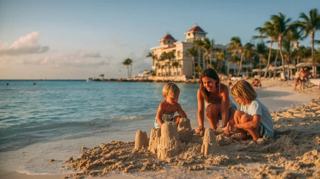 Familj på strand under chartersemester

