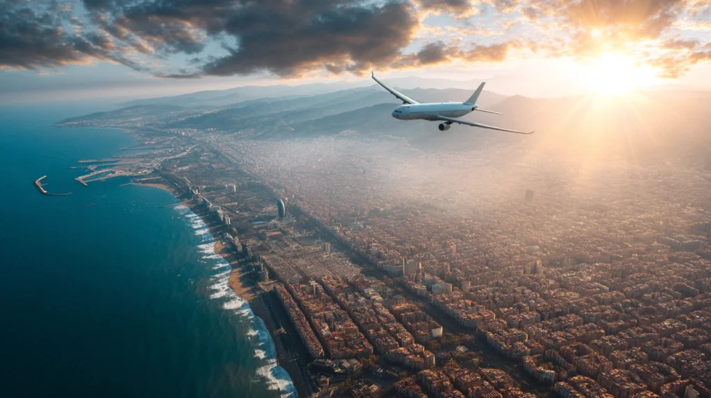 Flygplan lyfter över Barcelona – resa utomlands billigt
