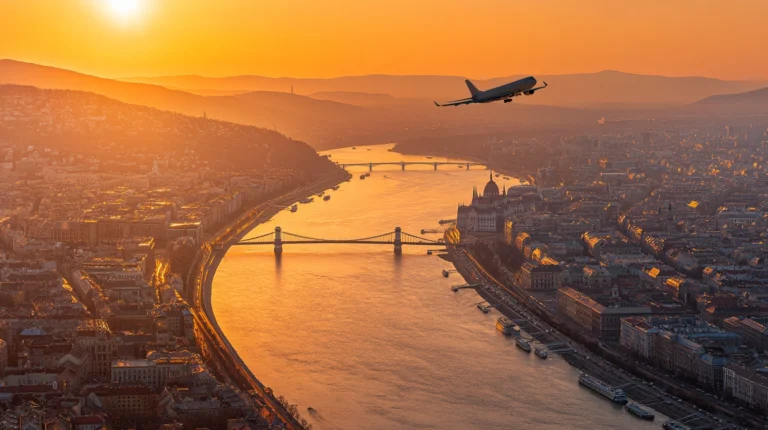 Flygplan på inflygning över Budapest med Donau i solnedgång