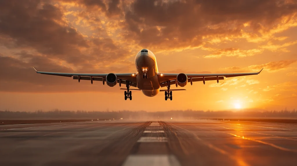 Flygplan lyfter mot solnedgång

