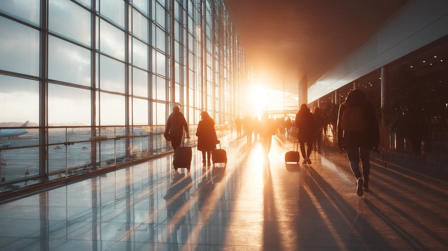 Resenärer på flygplats på väg mot sin resa