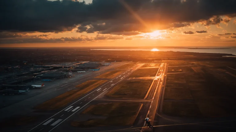 Flygplatser Köpenhamn med utsikt över Kastrup flygplats i solnedgång