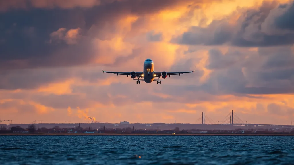 Flygplan lyfter från Köpenhamns flygplats med Öresundsbron i bakgrunden
